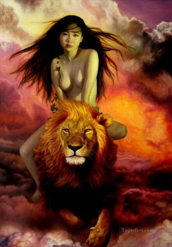ヌード Painting - 赤い雲の下でライオンに乗る中国人少女のヌード